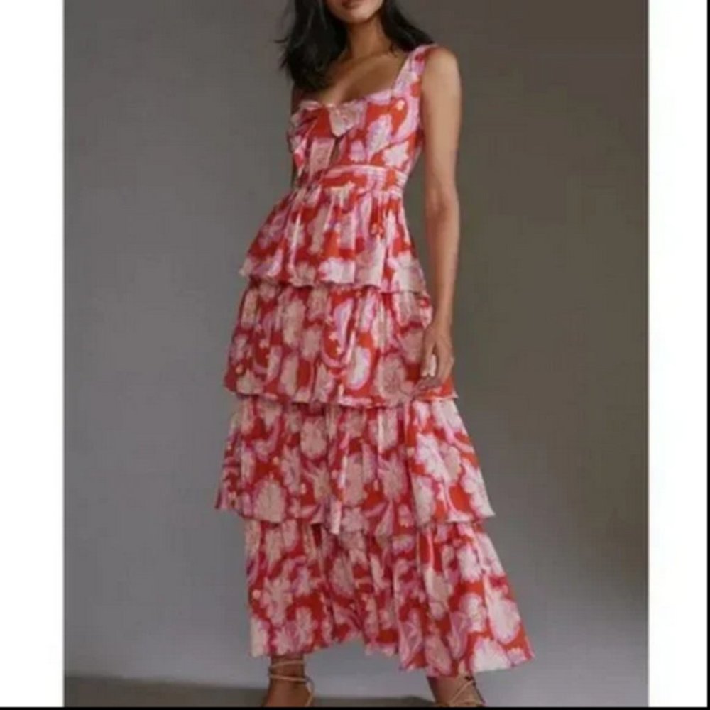 Anthropologie Vineet Bahl 16 NWT Tiered Ruffle Maxi Dress Floral Bohermian Gown